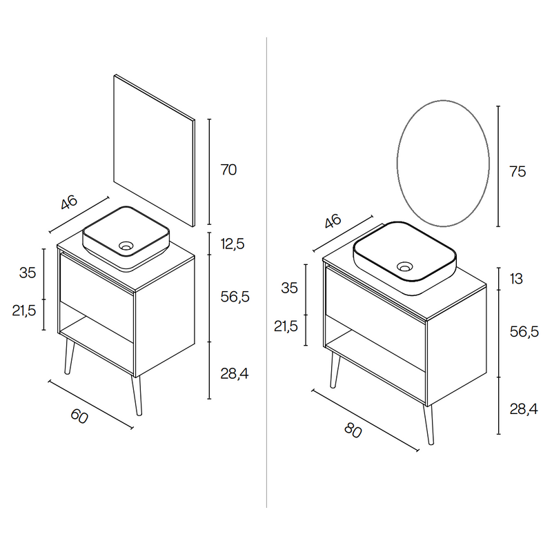 Dimensions - Meuble salle de bain avec vasque posée NARA TOP largeur 60 - 80 cm