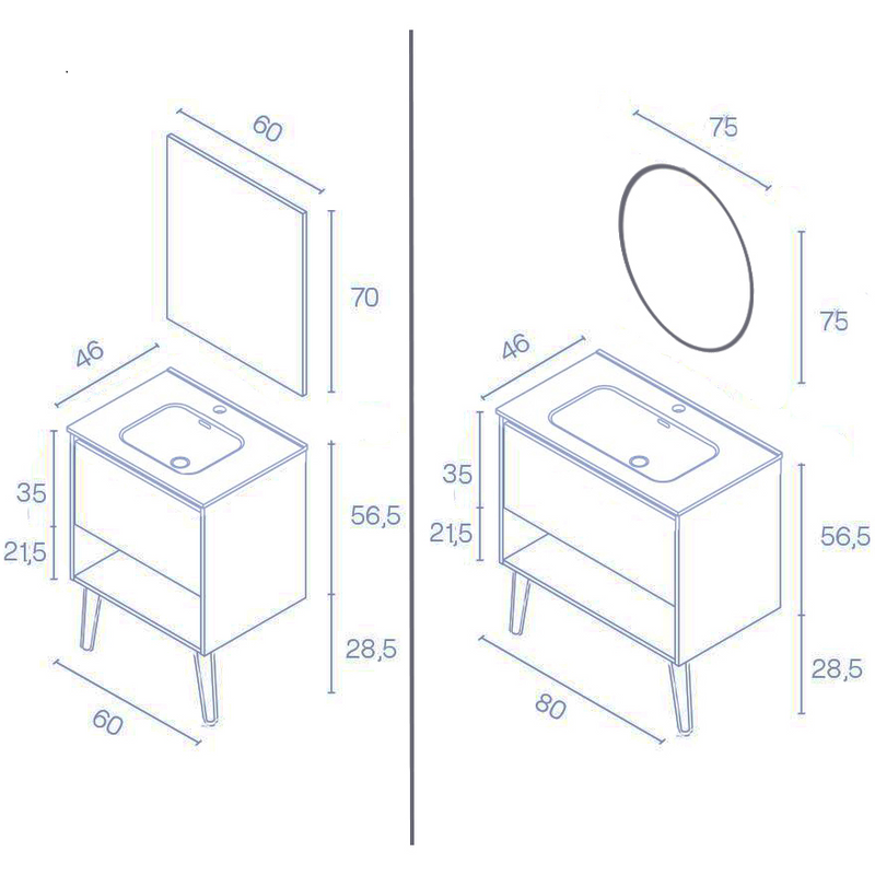 Dimensions - Meuble salle de bain simple vasque YOKO largeur 60 - 80 cm, chêne sablé - Le Monde du Bain