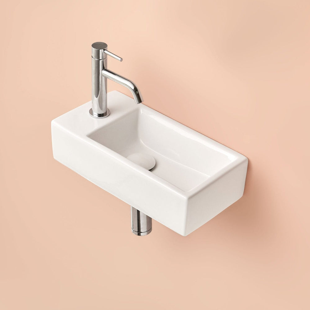 Lavabo Suspendu Céramique Rectangulaire Blanc 370x180x90mm - Mini Lave-Main Avec Trou Robinetterie Gauche
