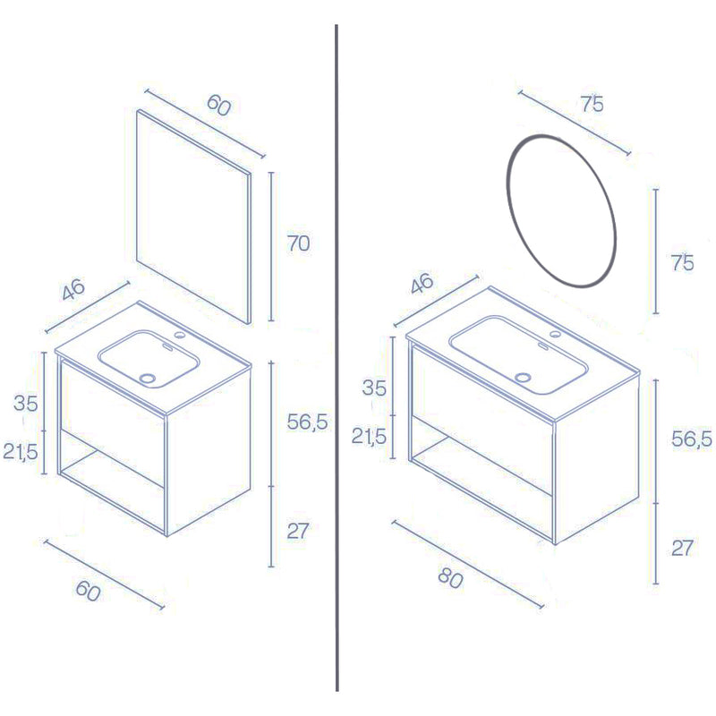 Dimensions - Meuble salle de bain suspendu NIWA largeur 60 - 80 cm, blanc brillant - Le Monde du Bain