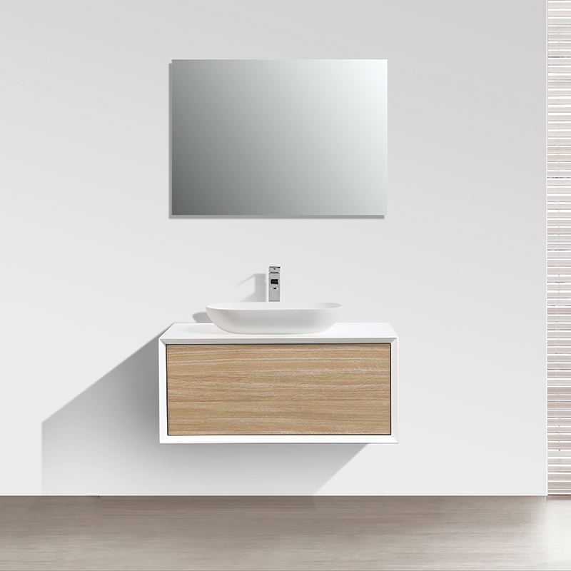 Meuble salle de bain simple vasque PALIO 90 cm, blanc / chêne clair - Le Monde du Bain