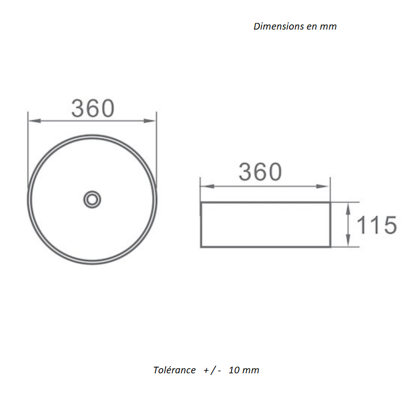 Dimensions vasque à poser ronde en céramique MENDOZA gris anthracite mat Ø36 cm - Le Monde du Bain