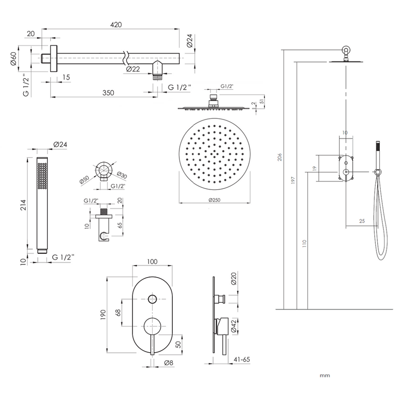Dimensions - kit de douche mitigeur à encastrer LOOP - Le Monde du Bain