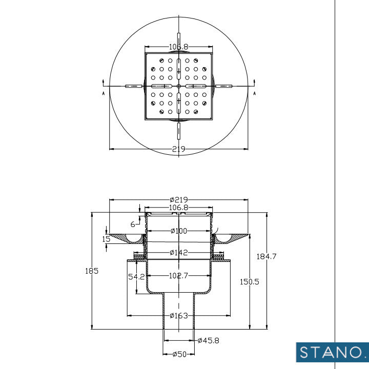 Dimensions bonde verticale DINO pour receveurs à carreler Ø90 avec grille en acier inoxydable