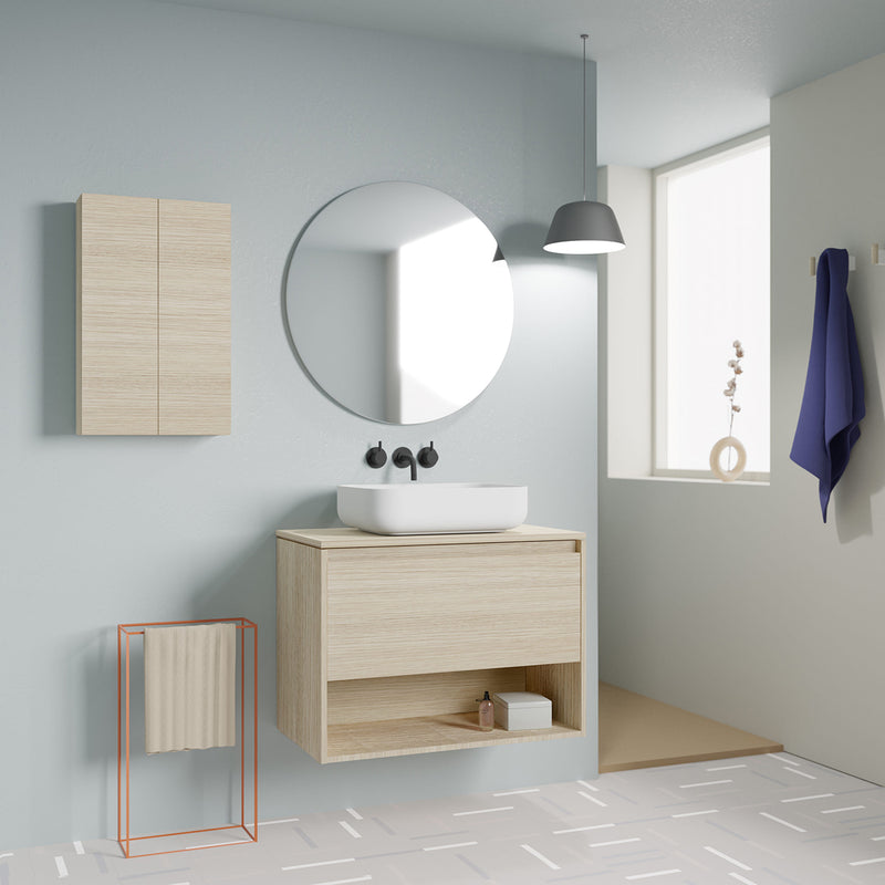 Meuble salle de bain en bois suspendu avec vasque posee incluse NIWA  chene clair