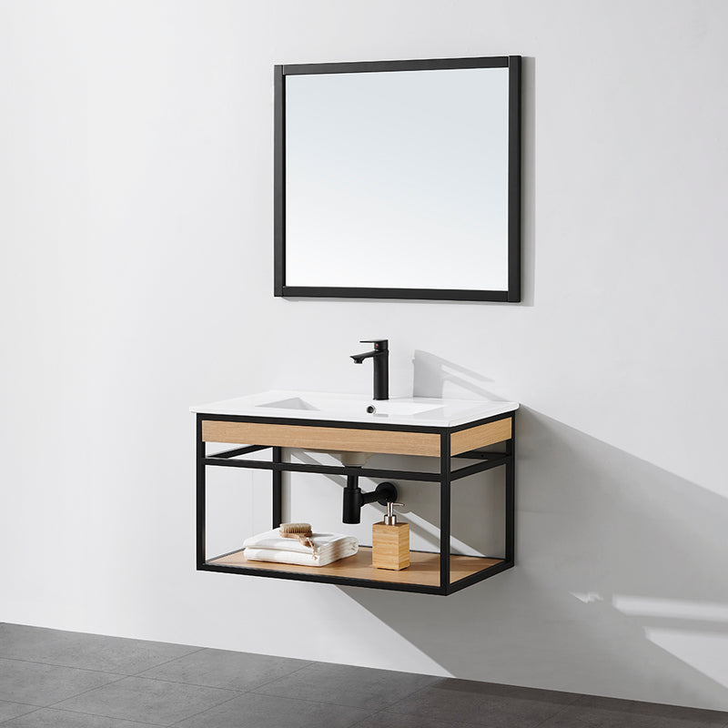Meuble salle de bain suspendu PURE 80 cm en métal noir avec vasque céramique blanche
