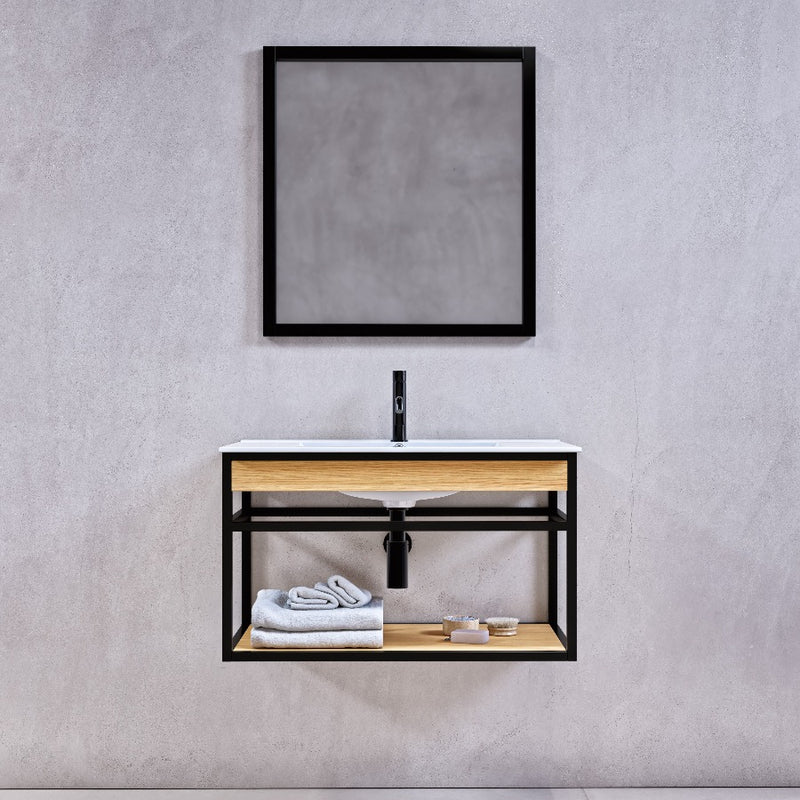 Meuble salle de bain suspendu PURE 80 cm en métal noir avec vasque céramique blanche
