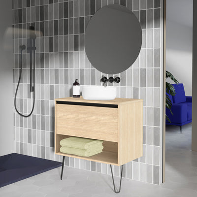 Meuble salle de bain en bois avec pieds en metal avec vasque posee YOKO finition chene clair