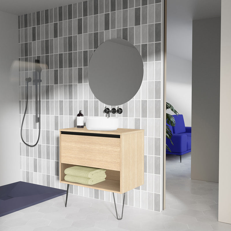 Meuble salle de bain en bois avec pieds metalliques avec vasque poseeYOKO fintion chene claire