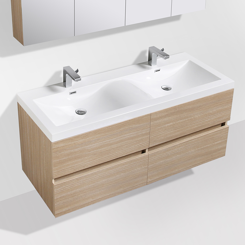 Adema Chaci Meuble Salle De Bain - 120x46x57cm - 2 Vasques Ovales En Céramique Blanche - 2 Trous De Robinet - 2 Tiroirs - Miroir Rond Avec éclairage - Noix - SW1212779/SW718719/SW161923