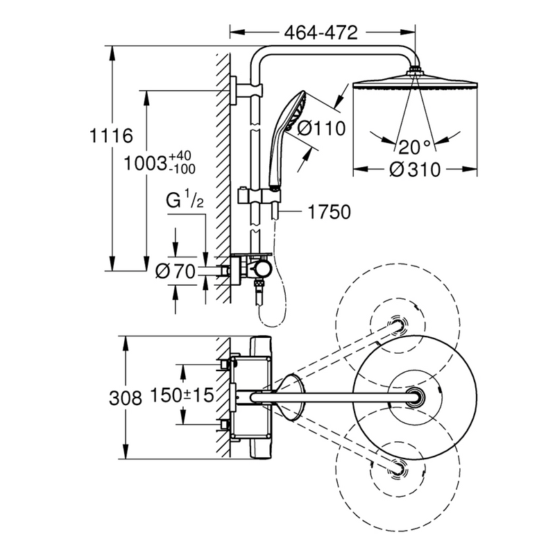 Dimensions de la colonne de douche GROHE Vitalio Joy System 310 avec mitigeur thermostatique