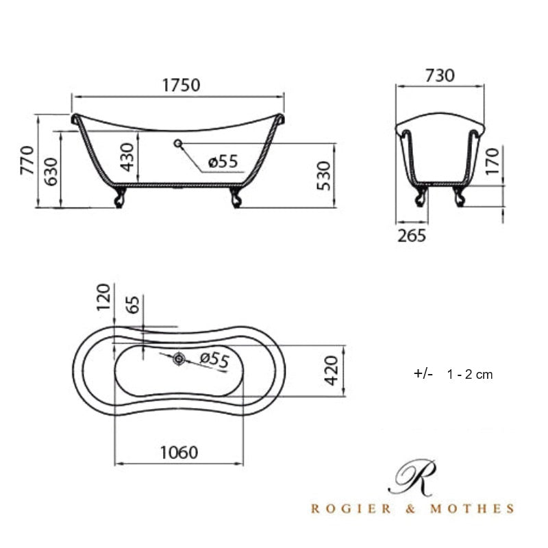 Dimensions - Baignoire rétro ancienne sur pieds Darlington noire - Le Monde du Bain