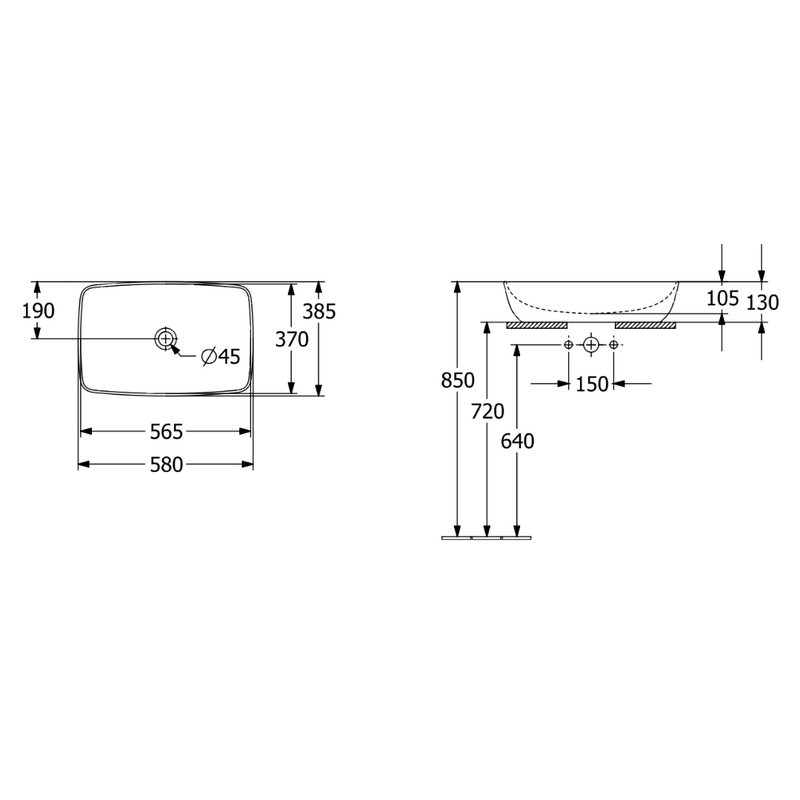 Dimensions vasque à poser Villeroy & Boch Artis, 580 x 385 x 130 mm, Blanc, sans trop-plein
