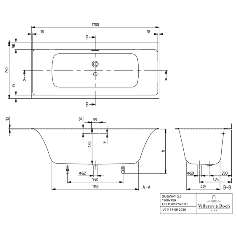 Dimensions Villeroy & Boch Subway 3.0 Baignoire rectangulaire, 1700 x 750 mm, Blanc, SilentFlow