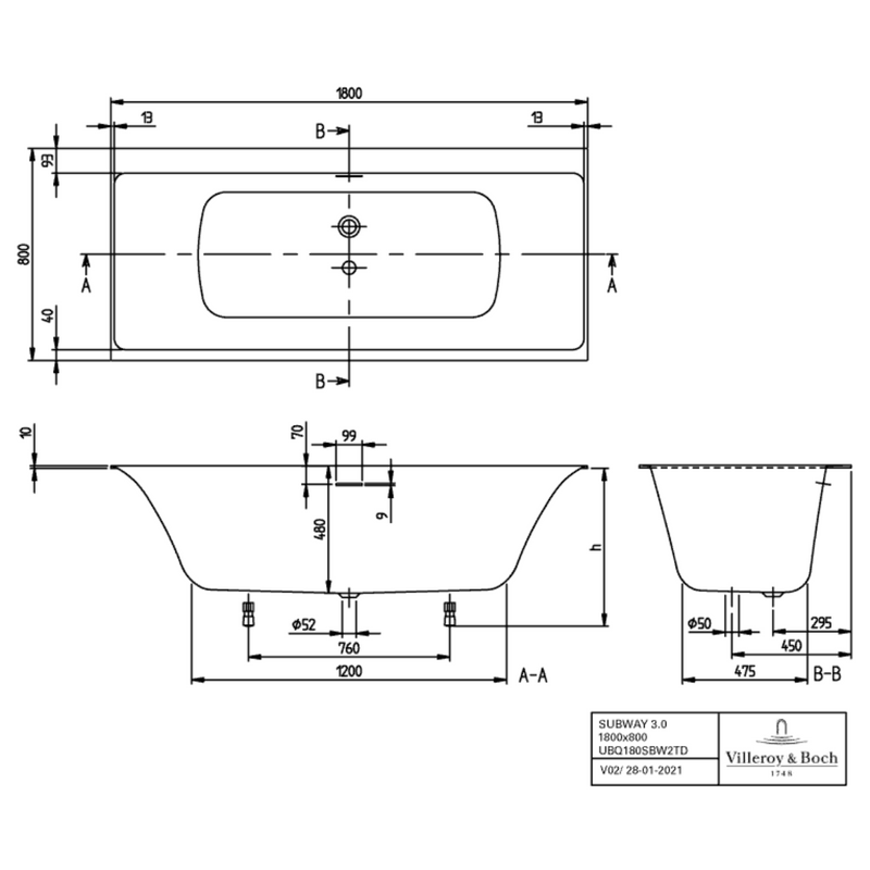 Dimensions Villeroy & Boch Subway 3.0 Baignoire rectangulaire, 1800 x 800 mm, Blanc, SilentFlow