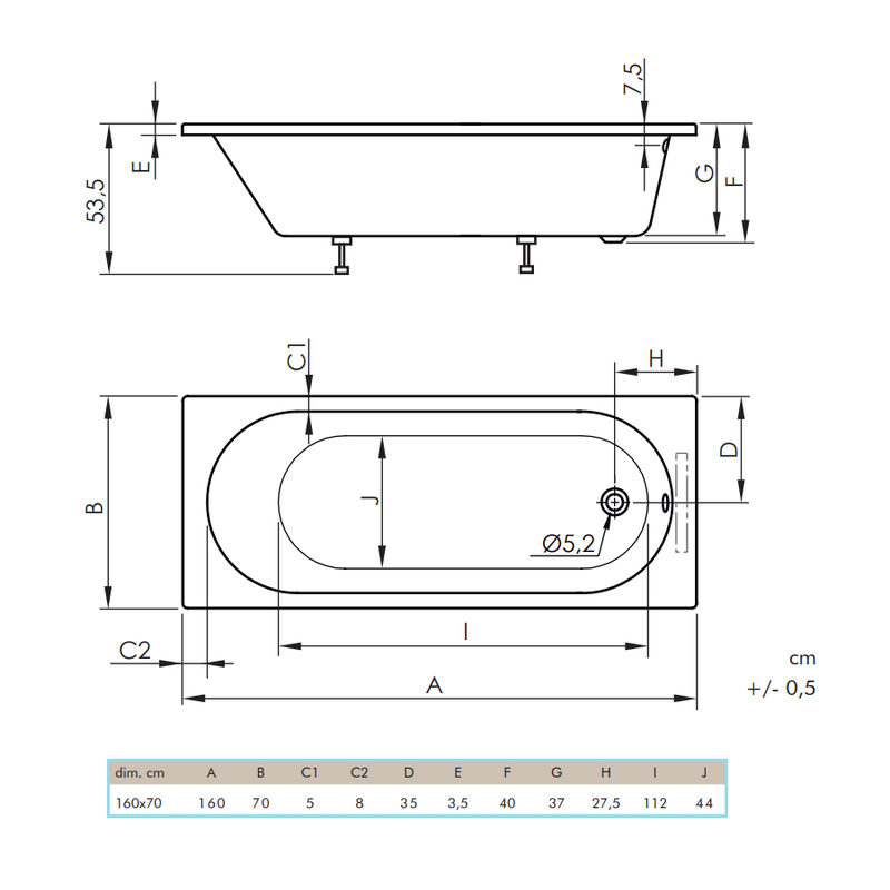 Dimensions - Baignoire rectangulaire à encastrer SERENA, blanc brillant - Le Monde du Bain
