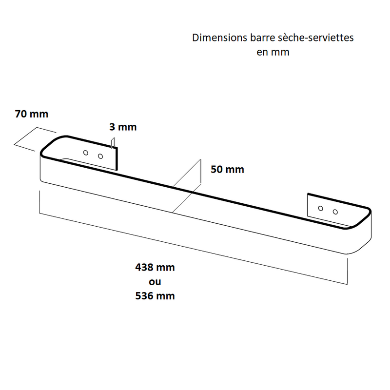 Dimensions - Barre sèche-serviettes pour radiateur électrique, finition MIROIR, 450 W, 800 W ou 1200 W - Le Monde du Bain