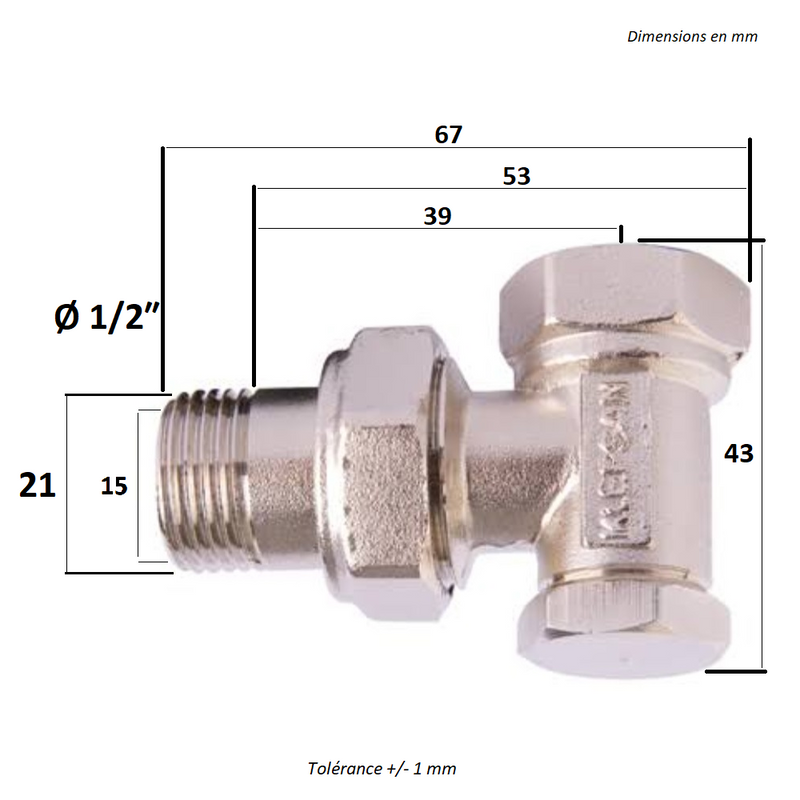 Dimensions - T de raccordement en laiton plaqué nickel pour radiateur et sèche serviette - Le Monde du Bain