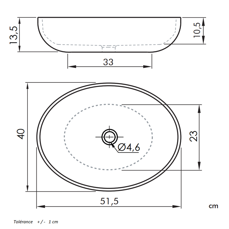 Dimensions - Vasque à poser ovale en céramique PARMA blanc brillant - Le Monde du Bain