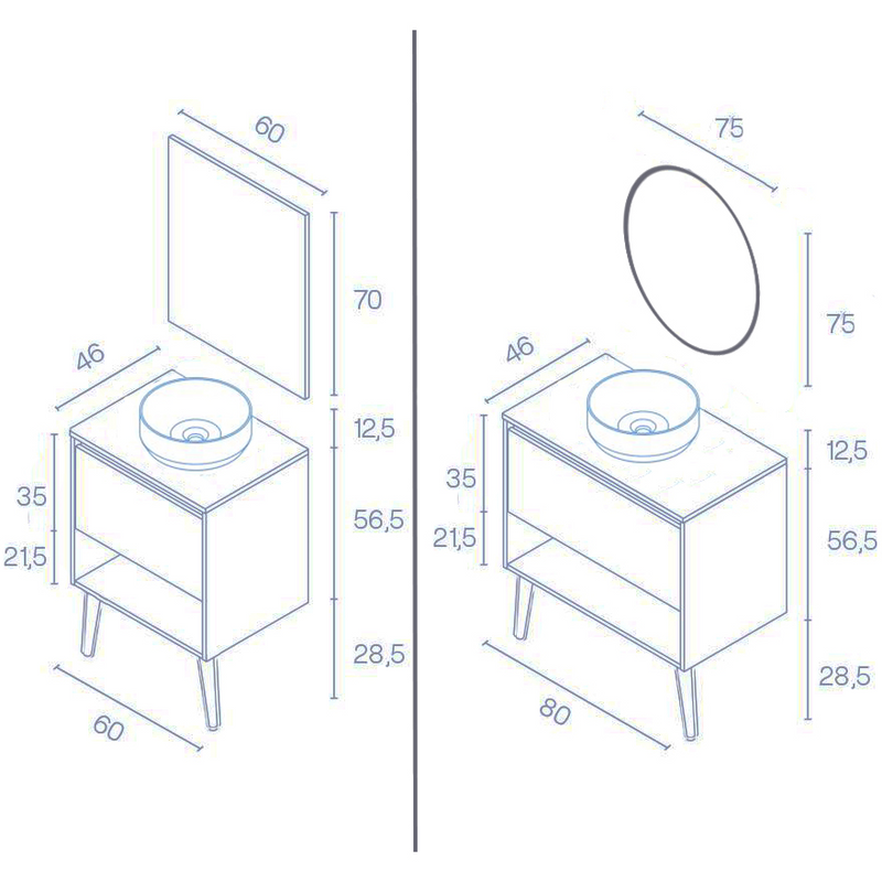 Dimensions - Meuble salle de bain avec vasque posée YOKO TOP largeur 60 - 80 cm, chêne sablé