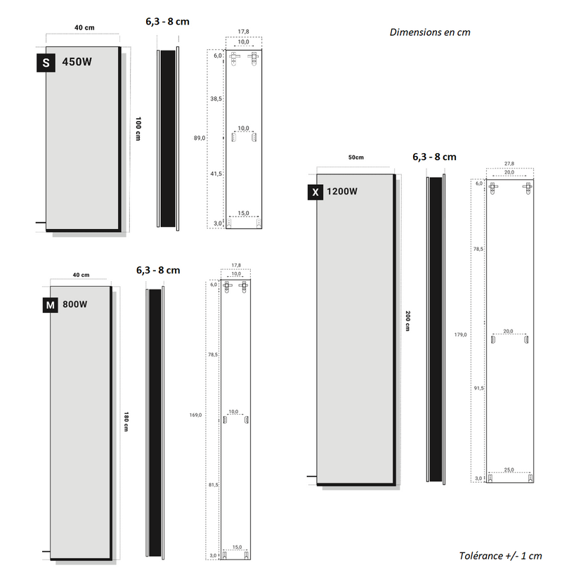 Dimensions radiateur électrique, finition MIROIR, 450 W, 800 W ou 1200 W - Le Monde du Bain