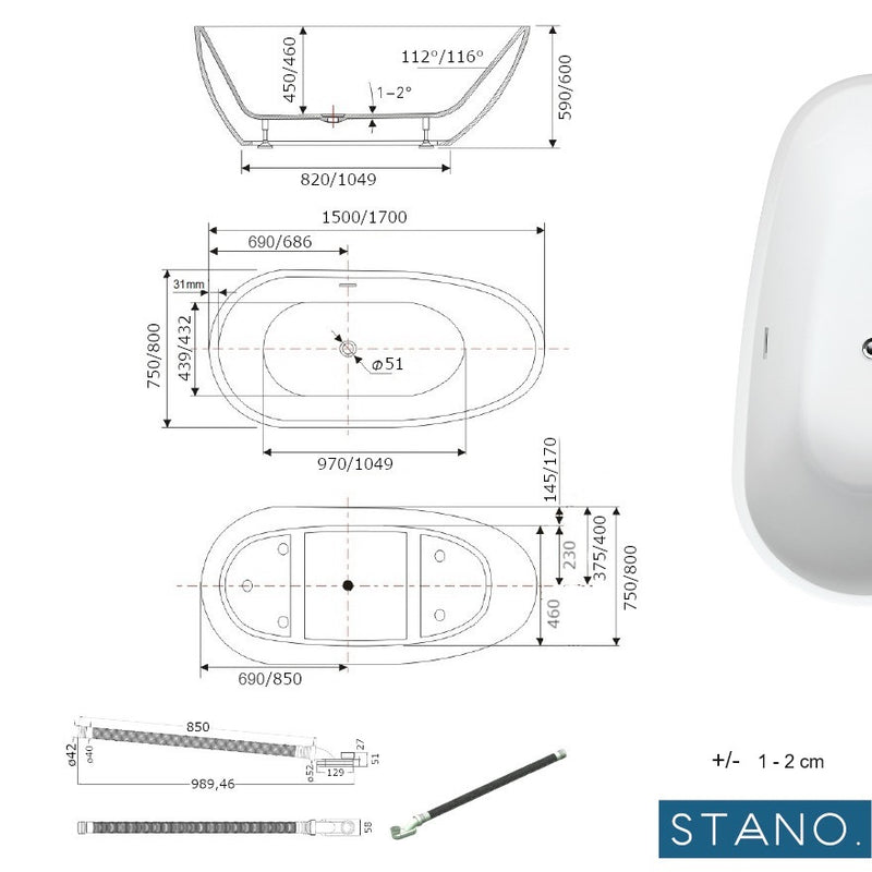 Dimensions - Baignoire îlot design PHOENIX blanche - Le Monde du Bain