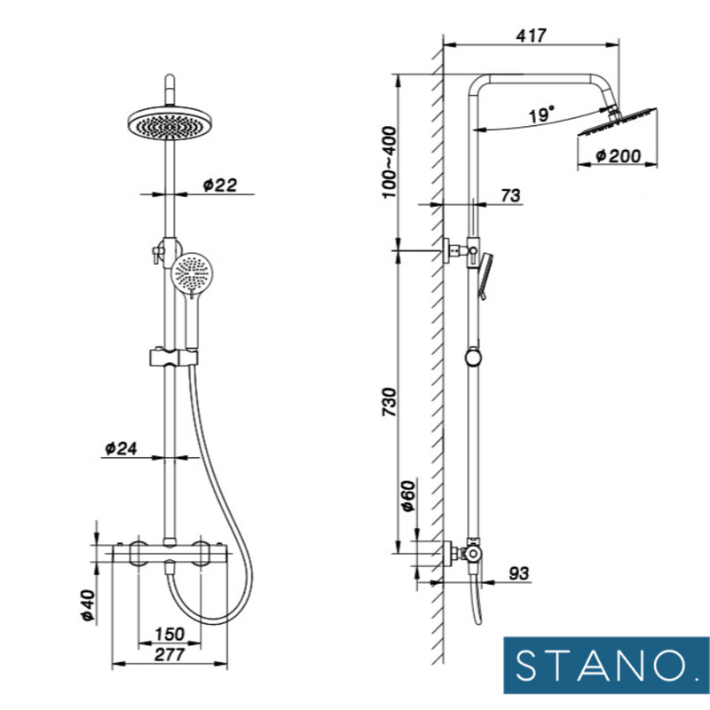 Dimensions - Colonne de douche thermostatique - Le Monde du Bain
