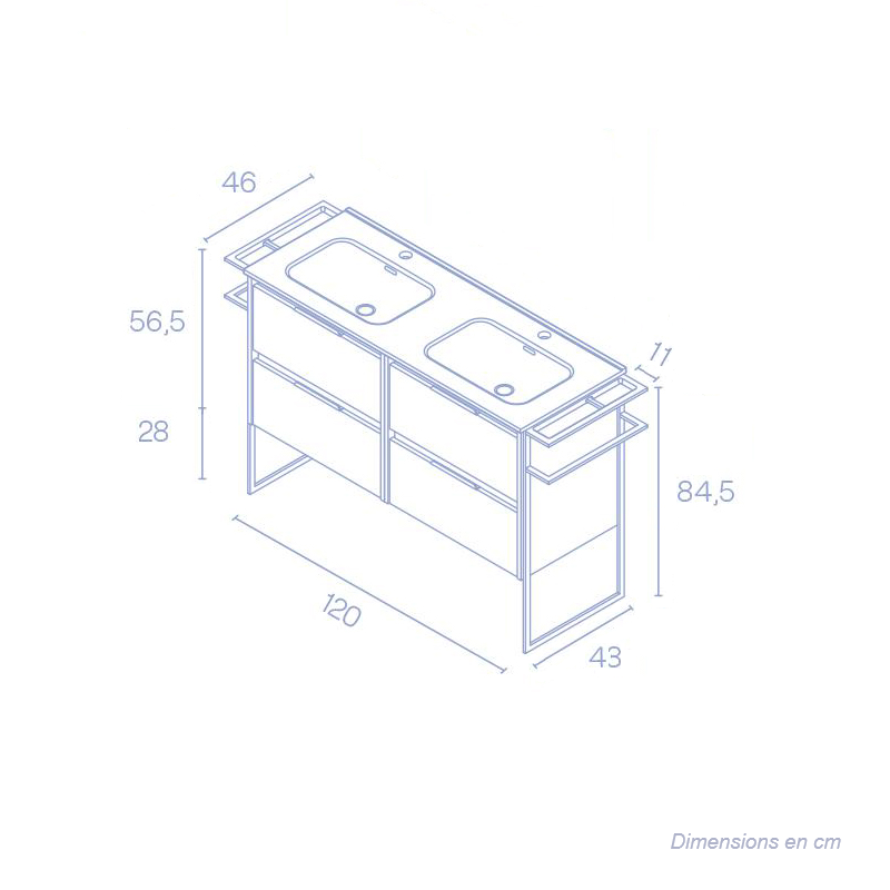 Dimensions - Meuble salle de bain double vasque en bois et métal KEIKO blanc brillant - Le Monde du Bain