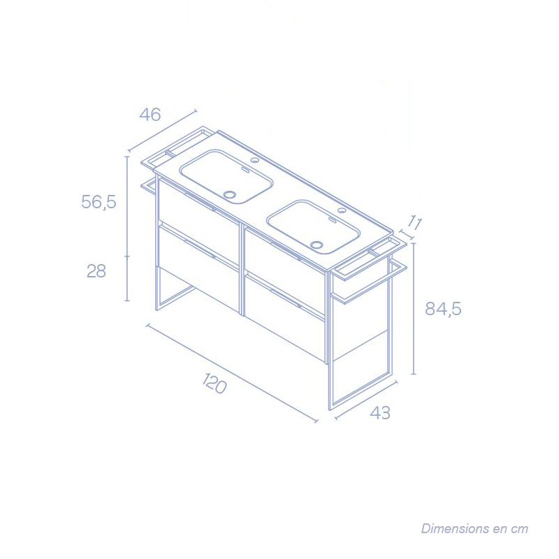 Dimensions - meuble salle de bain double vasque en bois et métal KEIKO largeur 120 cm, fumé sablé - Le Monde du Bain