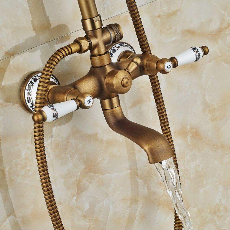 Colonne De Douche Rétro En Laiton Antique - Robinetterie Or Brossé - Salle De Bain Style Vintage
