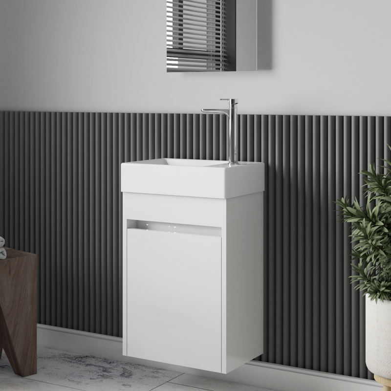 Vue de profil meuble lave-main salle de bain design MESSINA largeur 45 cm blanc laqué - Le Monde du Bain