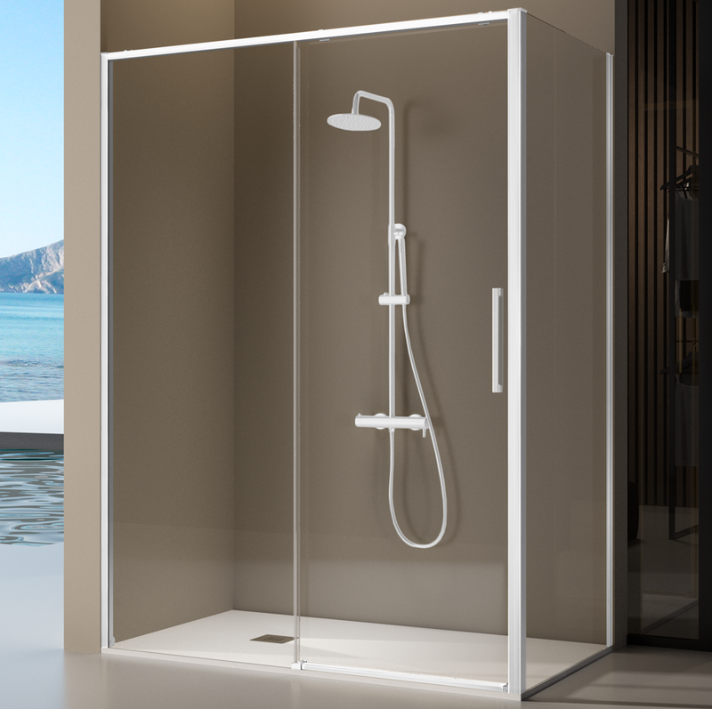 Paroi de douche fixe + porte coulissante + panneau latéral fixe - DELTA blanc mat - Le Monde du Bain
