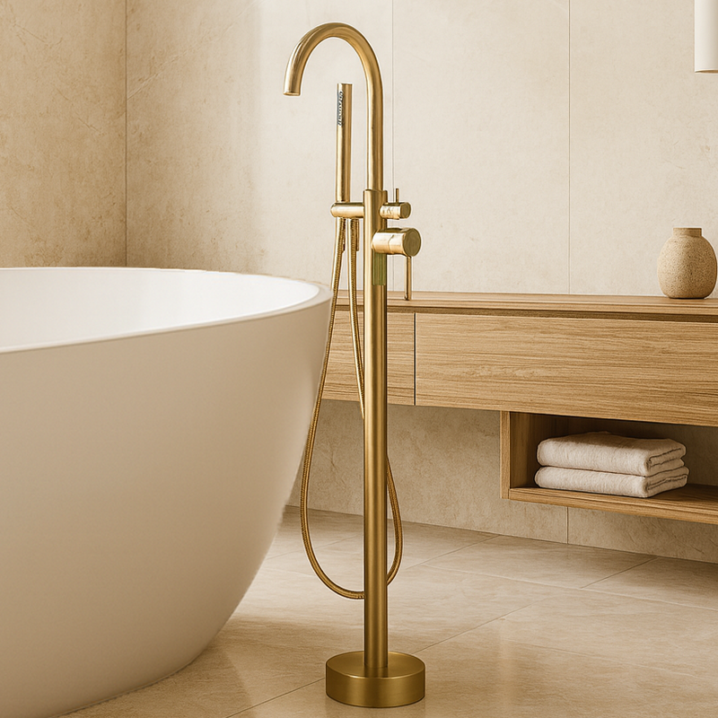 Robinet mitigeur bain/douche sur pied DEBRIO or brosse en situation