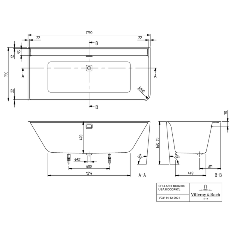 DimensionsVilleroy & Boch Collaro Baignoire murale pour installation en angle à gauche, 1790 x 790 mm, Blanc