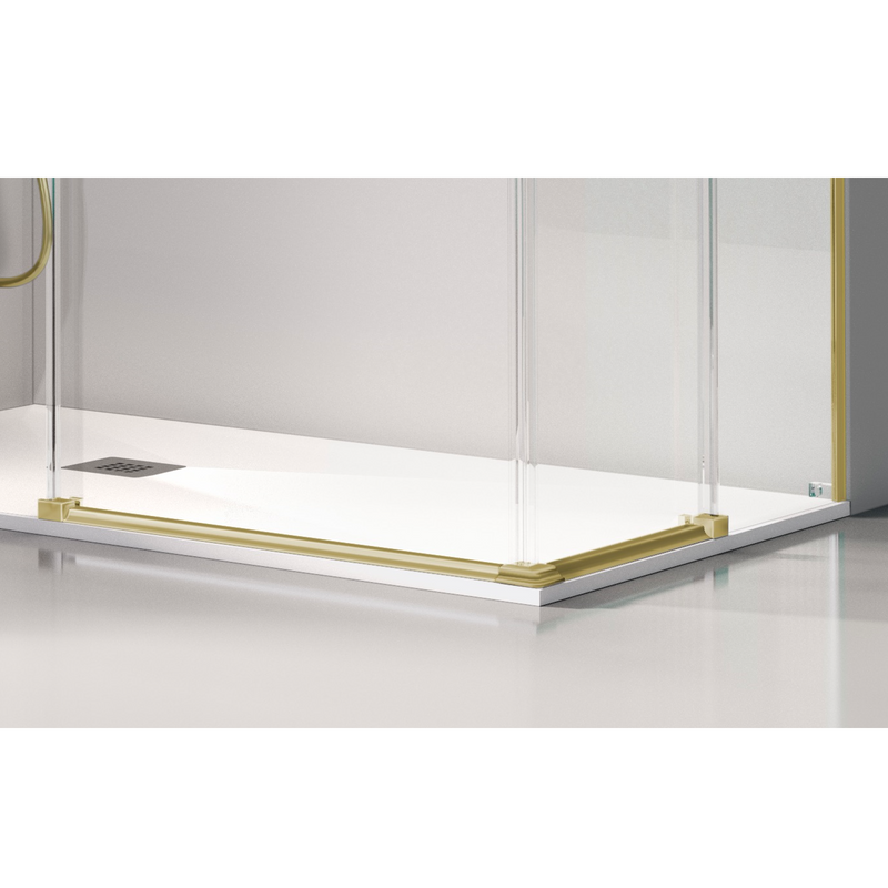 Zoom sur le bas des portes - Paroi de douche accès en angle 2 verres fixes + 2 portes coulissantes GLASÉ or brossé