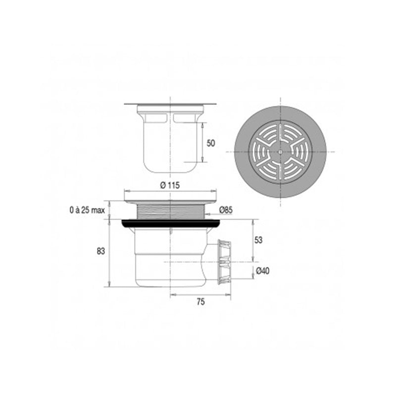 Bonde horizontale VALENTIN pour receveurs de douche