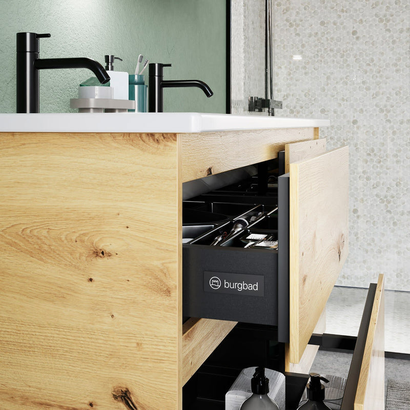 burgbad Lin20 meuble sous-vasque avec double vasque en céramique 123 cm, 4 compartiments coulissants