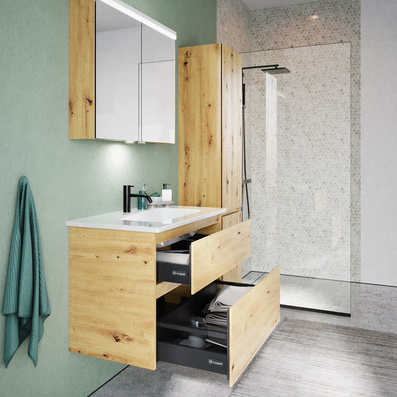burgbad Lin20 meuble sous-vasque avec vasque en céramique 83 cm, 2 tiroirs