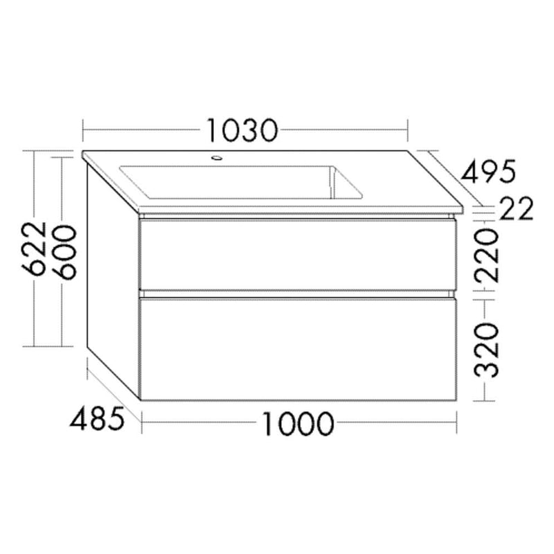 burgbad Lin20 meuble sous-vasque avec vasque en céramique 103 cm, 2 tiroirs, gauche