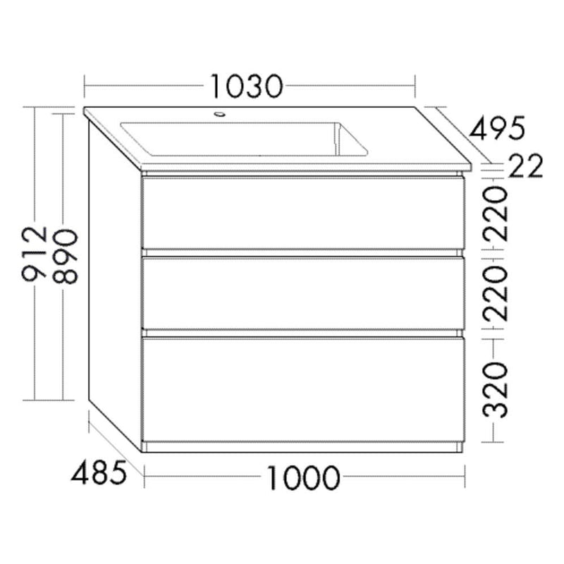 burgbad Lin20 meuble sous-vasque avec vasque en céramique 103 cm, 3 tiroirs, gauche