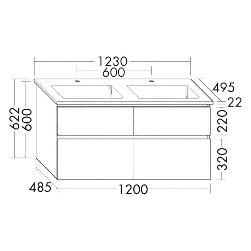 burgbad Lin20 meuble sous-vasque avec double vasque en céramique 123 cm, 4 compartiments coulissants