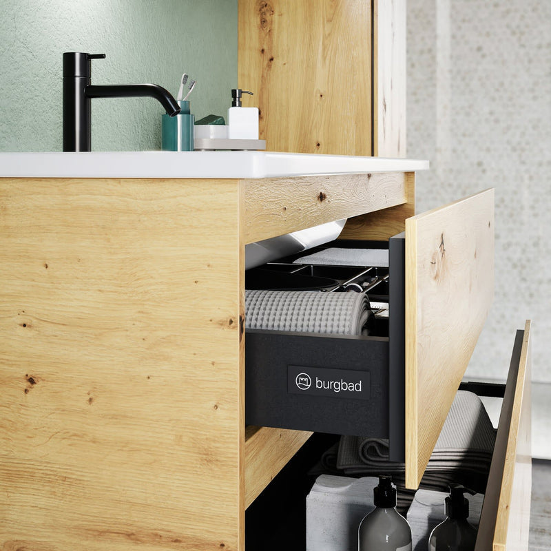 burgbad Lin20 meuble sous-vasque avec vasque en céramique 103 cm, 2 tiroirs, gauche
