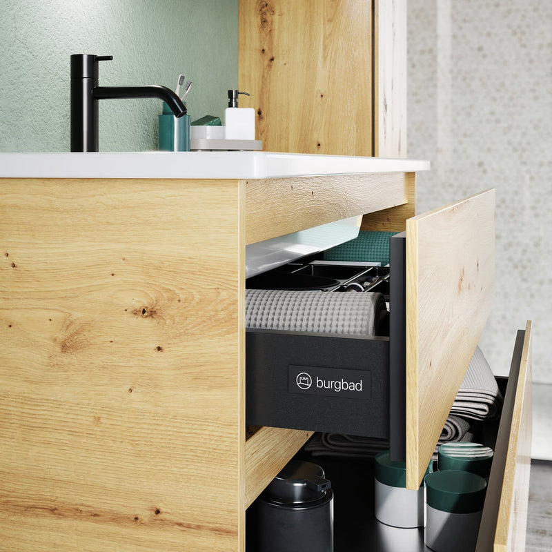 burgbad Lin20 meuble sous-vasque avec vasque en céramique 103 cm, 3 tiroirs, gauche