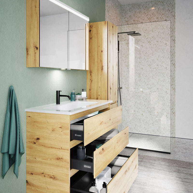 burgbad Lin20 meuble sous-vasque avec vasque en céramique 103 cm, 3 tiroirs, gauche