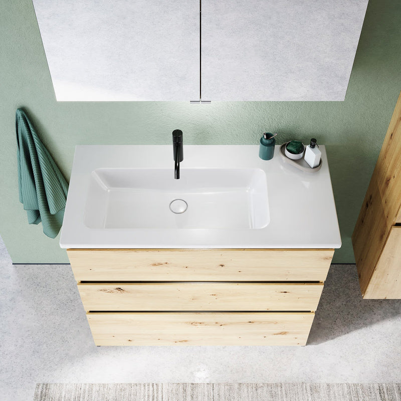 burgbad Lin20 meuble sous-vasque avec vasque en céramique 103 cm, 3 tiroirs, gauche