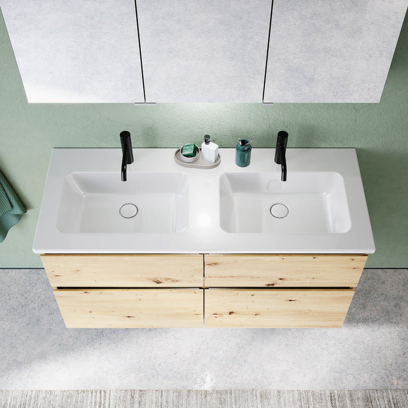 burgbad Lin20 meuble sous-vasque avec double vasque en céramique 123 cm, 4 compartiments coulissants