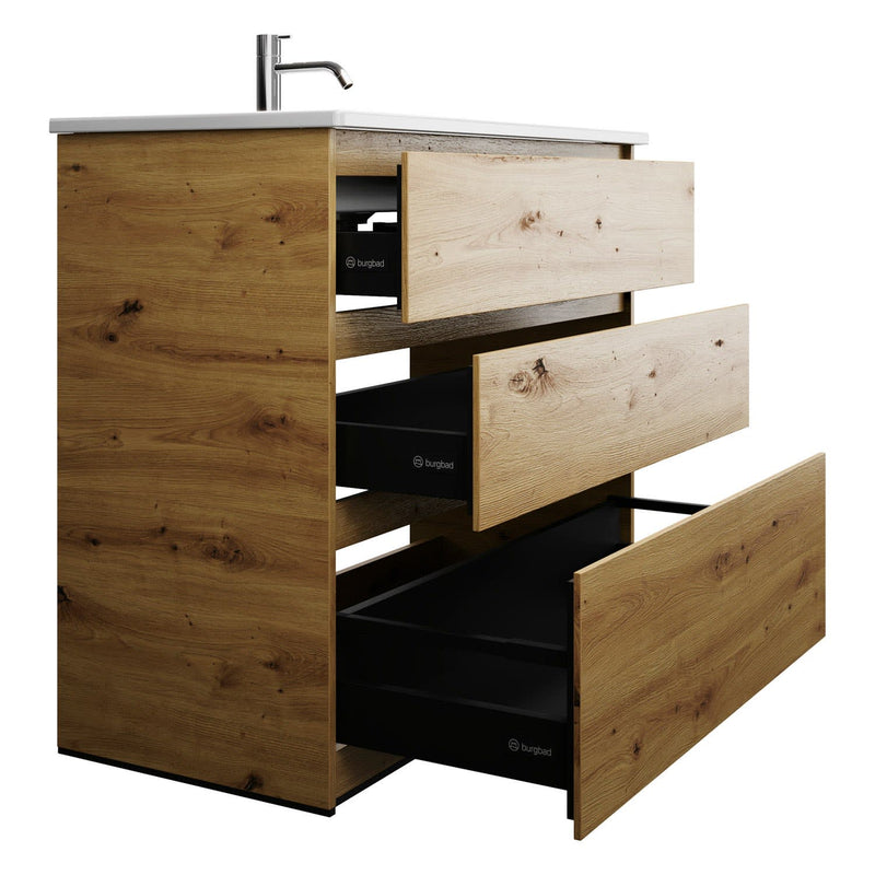 burgbad Lin20 meuble sous-vasque avec vasque en céramique 103 cm, 3 tiroirs, gauche