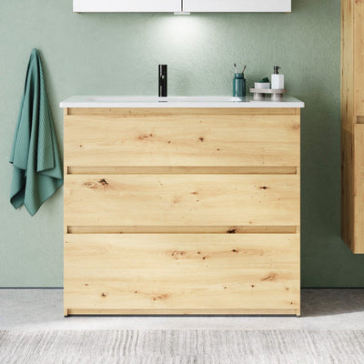 burgbad Lin20 meuble sous-vasque avec vasque en céramique 103 cm, 3 tiroirs, gauche