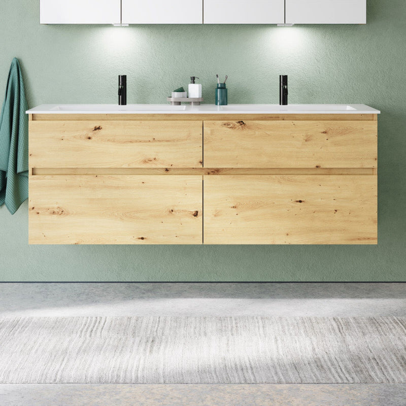 burgbad Lin20 meuble sous-vasque avec double vasque en fonte minérale 162 cm, 4 tiroirs, gauche et droite
