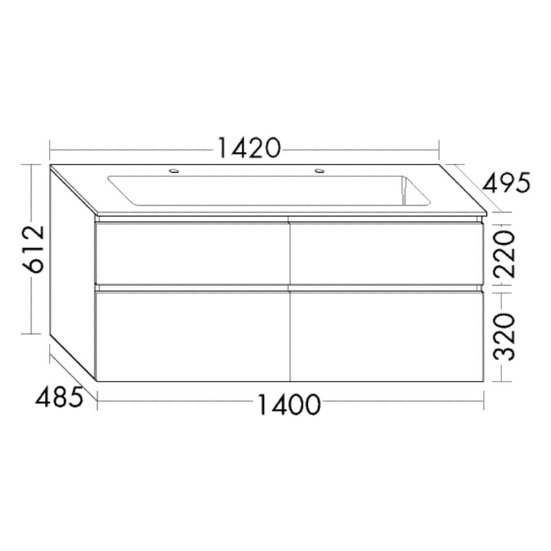 burgbad Meuble sous-vasque Lin20 avec vasque en fonte minérale 142 cm, 4 compartiments coulissants